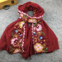 Load image into Gallery viewer, Embroidery Linen Flower Shawl Cotton and Linen Versatile Long Sunscreen Travel Scarf