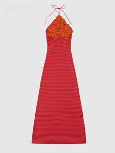 Sexy Crochet Hollow Out Long Halter Dress Women 3D Flower Backless Sleeveless Beach Dresses 2025 Summer Lady Vacation Robes New
