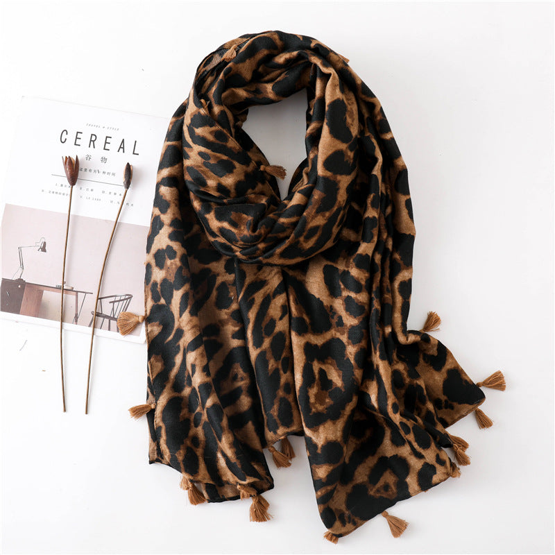 Classic Leopard Print Spring, Autumn, and Winter Long Versatile Cotton and Linen Scarf Dual Purpose Shawl