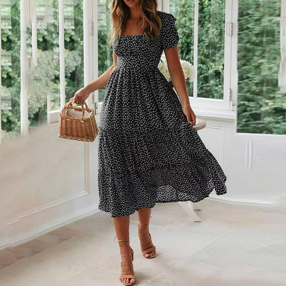 Beach Floral Dress for Women Clothing 2024 Summer Vacation Casual Short Sleeve Slim Fit Long Dress Female Sexy Bohemian Dress