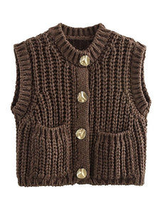 Casual Brown Knit Vest Women Vintage O Neck Single Breasted Pocket Sweater Vests 2024 Autumn Winter Solid Sleeveless Lady Tops