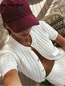 Casual knitted Single Breasted Cardigan Women Autumn Solid Short Sleeve O-neck Mini Sweater 2024 Slim Fashion All-match Top