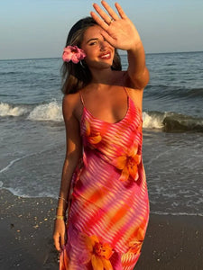 Chic Flower Printed V Neck Beach Dress For Women Fashion Sleeveless Backless Ruffles Midi Dresses 2025 Summer Lady Holiday Robes