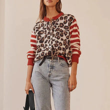 Load image into Gallery viewer, Combhasaki Women's Y2K Vintage Sweaters Aesthetic Striped Leopard Print Patchwork Button-down Round Neck Loose Fit Knitwear Coat