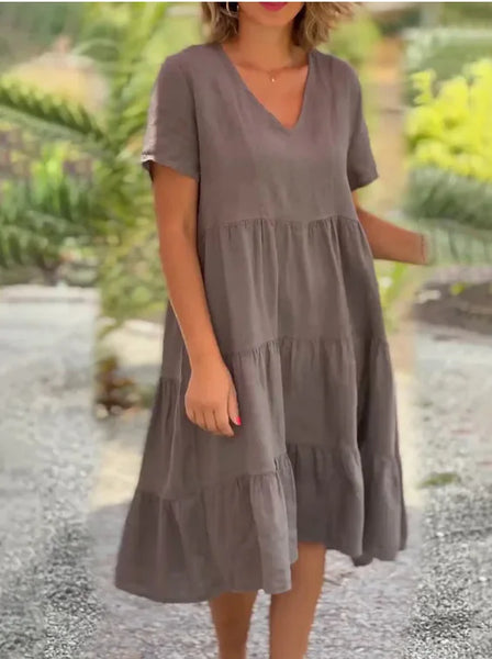 Cotton And Linen Casual Women's Dresses 2023 Spring/Summer Sweet  Short Sleeve Solid V-neck Large Swing Loose Dress  S-5XL