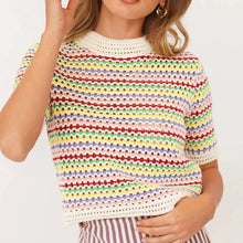 Load image into Gallery viewer, Dourbesty 90s Rainbow Hollow Out Knitwear Women See-through Striped T-Shirts Summer Boho Beach Style Cover-ups Crop Tops y2k