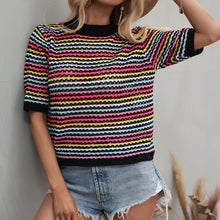 Load image into Gallery viewer, Dourbesty 90s Rainbow Hollow Out Knitwear Women See-through Striped T-Shirts Summer Boho Beach Style Cover-ups Crop Tops y2k