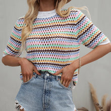 Load image into Gallery viewer, Dourbesty 90s Rainbow Hollow Out Knitwear Women See-through Striped T-Shirts Summer Boho Beach Style Cover-ups Crop Tops y2k