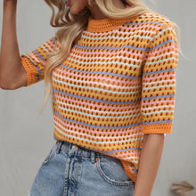 Load image into Gallery viewer, Dourbesty 90s Rainbow Hollow Out Knitwear Women See-through Striped T-Shirts Summer Boho Beach Style Cover-ups Crop Tops y2k