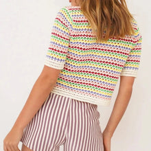 Load image into Gallery viewer, Dourbesty 90s Rainbow Hollow Out Knitwear Women See-through Striped T-Shirts Summer Boho Beach Style Cover-ups Crop Tops y2k