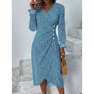 Elegant Floral Pleated H shaped Midi Dress Female V Neck Puff Sleeve Waist Ruched Button Dresses Women Summer Dress Robe