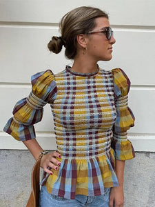 Elegant Plaid Printed Puff Sleeves Shirts Women Leisure Ruffle Hem O Neck Short Top 2025 Spring Female Loose High Street Tops