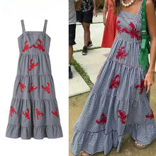 Load image into Gallery viewer, Embroidery Plaid Long Dresses Women Sleeveless Slip Midi Dress Woman Pleated Backless Beach Dress Vintage Summer Dress