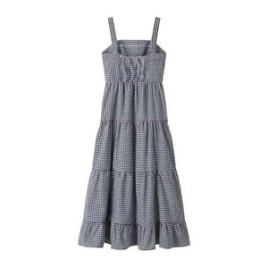 Embroidery Plaid Long Dresses Women Sleeveless Slip Midi Dress Woman Pleated Backless Beach Dress Vintage Summer Dress