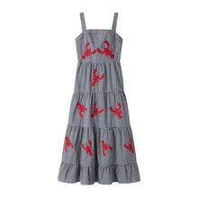 Load image into Gallery viewer, Embroidery Plaid Long Dresses Women Sleeveless Slip Midi Dress Woman Pleated Backless Beach Dress Vintage Summer Dress