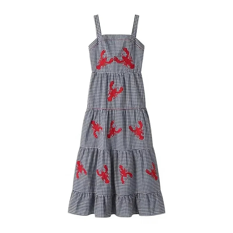 Embroidery Plaid Long Dresses Women Sleeveless Slip Midi Dress Woman Pleated Backless Beach Dress Vintage Summer Dress