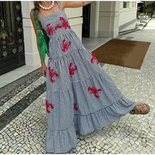 Load image into Gallery viewer, Embroidery Plaid Long Dresses Women Sleeveless Slip Midi Dress Woman Pleated Backless Beach Dress Vintage Summer Dress