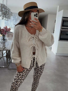 Fashion Casual Brown Lace Up Bow Knitted Cardigan O-neck Long Sleeve Hollow Out Sweater 2024 Autumn Female High Street Knitwear