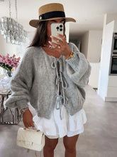 Load image into Gallery viewer, Fashion Casual Brown Lace Up Bow Knitted Cardigan O-neck Long Sleeve Hollow Out Sweater 2024 Autumn Female High Street Knitwear