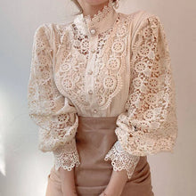 Load image into Gallery viewer, Women Chiffon Button Turtleneck Shirt Chic Elegant Floral Lace Fluffy Long Sleeve Top Fashion Hollow Oversize White Blouse 2025