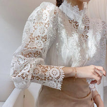Load image into Gallery viewer, Women Chiffon Button Turtleneck Shirt Chic Elegant Floral Lace Fluffy Long Sleeve Top Fashion Hollow Oversize White Blouse 2025