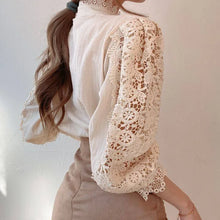 Load image into Gallery viewer, Women Chiffon Button Turtleneck Shirt Chic Elegant Floral Lace Fluffy Long Sleeve Top Fashion Hollow Oversize White Blouse 2025