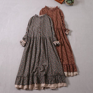 Japanese Mori Girl Art Print Dress Pretty Cotton Linen Spring Women New Floral Dress Loose Long-sleeved Dress Midi Dress