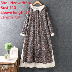 Japanese Mori Girl Art Print Dress Pretty Cotton Linen Spring Women New Floral Dress Loose Long-sleeved Dress Midi Dress