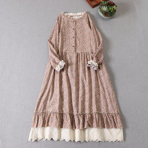 Japanese Mori Girl Art Print Dress Pretty Cotton Linen Spring Women New Floral Dress Loose Long-sleeved Dress Midi Dress