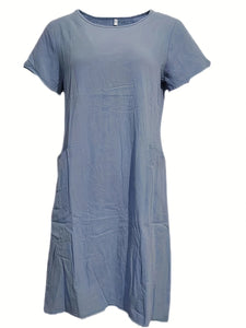 Loose Pure Color Pocket Short Sleeve Round Neck Cotton Linen Dress