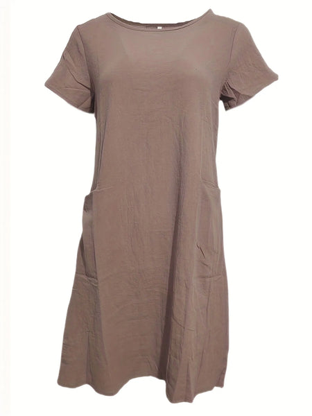 Loose Pure Color Pocket Short Sleeve Round Neck Cotton Linen Dress