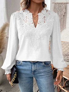 Luxury Lace Hollowed V-Neck Shirt Women Solid Color Long Sleeve Top Office Lady Elegant Daily Blouse