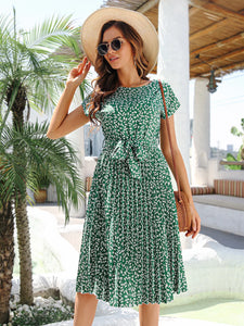 Msfilia Summer Print Pleated A Line Long Dress Women Short Sleeve High Waist Spring Round Neck Chic Dress with Belt