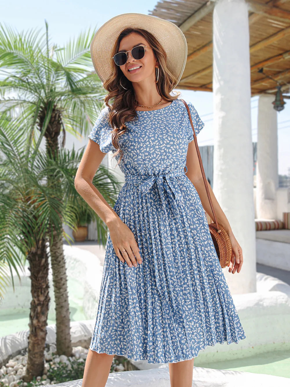 Msfilia Summer Print Pleated A Line Long Dress Women Short Sleeve High Waist Spring Round Neck Chic Dress with Belt