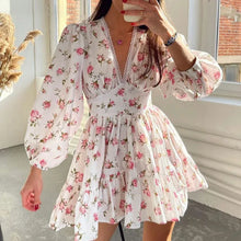 Load image into Gallery viewer, New Fashion Womens Floral Print Mini Dress Summer Long Sleeve Deep V Neck High Waist A-Line Dress Street Style Hot Sale S-XL