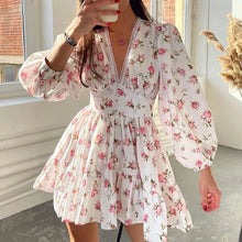 Load image into Gallery viewer, New Fashion Womens Floral Print Mini Dress Summer Long Sleeve Deep V Neck High Waist A-Line Dress Street Style Hot Sale S-XL