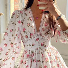 Load image into Gallery viewer, New Fashion Womens Floral Print Mini Dress Summer Long Sleeve Deep V Neck High Waist A-Line Dress Street Style Hot Sale S-XL