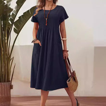 Load image into Gallery viewer, Women's Clothing Long Dress New Solid Color Round Neck Pocket Pleated Short Sleeve Cotton and Linen Dress