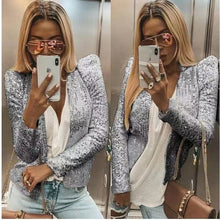 Load image into Gallery viewer, New Women&#39;s Fashion Stand-up Collar Color Block Color Sequin Coat Short Casual Versatile Small Coat