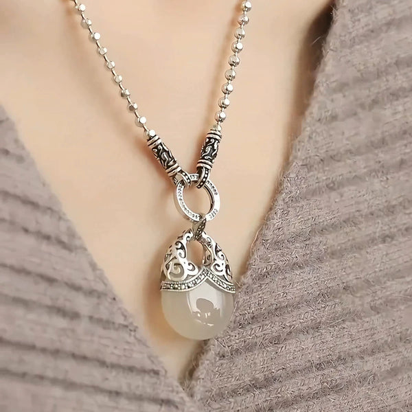 925 Silver Retro New Tang Grass Pattern Money Bag Chalcedony Water Drop Pendant Round Bead Sweater Chain Ethnic Style Women's Necklace