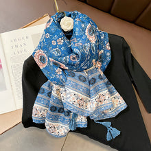 Load image into Gallery viewer, Ethnic Style Spring and Autumn New Blue Cotton Hemp Feel Thin Scarf with Flower Splice Fragmented Flower Retro Versatile Shawl