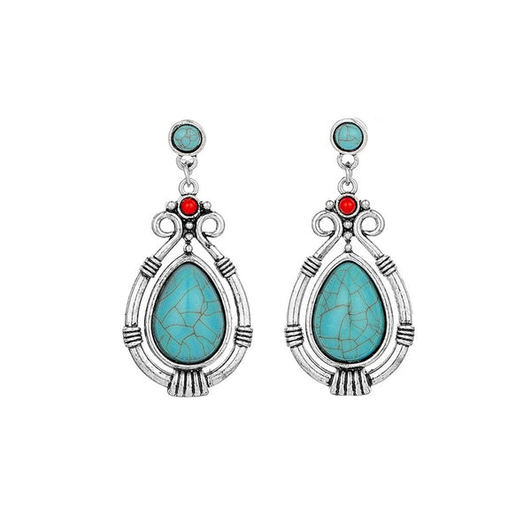 Tibetan Silver Art Retro Ethnic Style Turquoise Water Droplet Carved Earrings