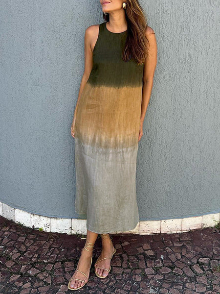 Women's Clothing Europe and The United States Summer Women's Casual Cotton and Linen Sleeveless Slit Gradual Change Dress