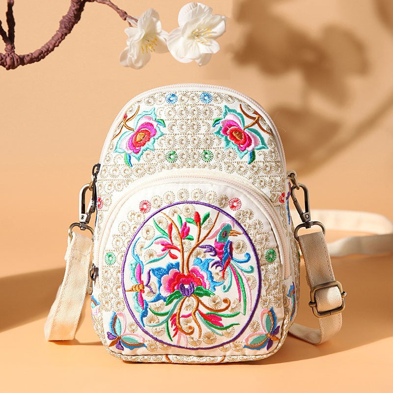 Embroidered Double-layer 7-inch Large-screen Mobile Phone Bag Crossbody Bag Female Canvas Small Bag