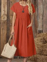 Load image into Gallery viewer, Women's Clothing Long Dress New Solid Color Round Neck Pocket Pleated Short Sleeve Cotton and Linen Dress