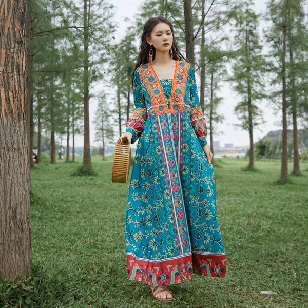 Bohemian ethnic style dress embroidered seaside travel long beach dress