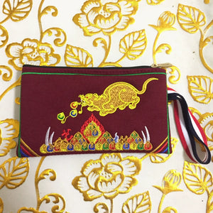 Tibetan Embroidered Canvas Wallet Large Capacity Double Layer Handheld Bag Card Bag Phone Bag Zipper Integrated Bag