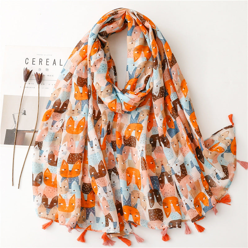 New Spring and Summer Fresh and Sweet Cartoon Cat Cotton and Hemp Scarf Balinese Thin Scarf Shawl