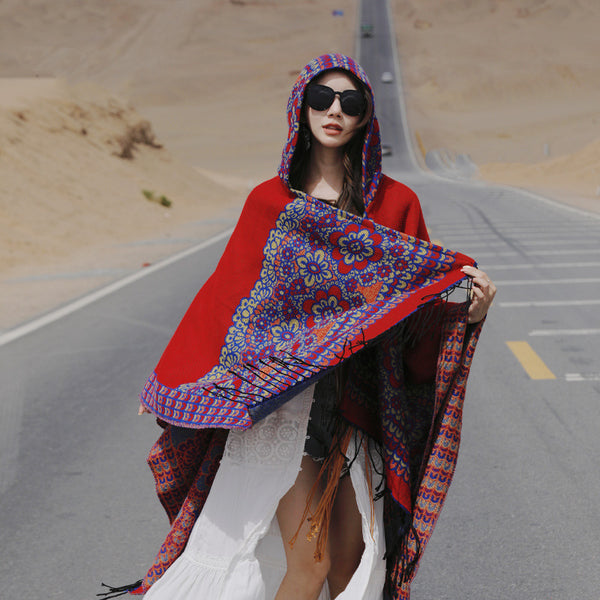 Ethnic Style New Split Shawl Women's Cloak Scarf Thickened Warm Travel Coat Cloak