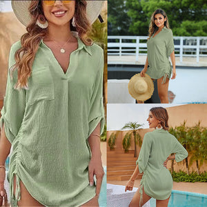 Drawstring Shirt Collar Beach Jacket Head Bikini Swimsuit Blouse Vacation Sunscreen Shirt